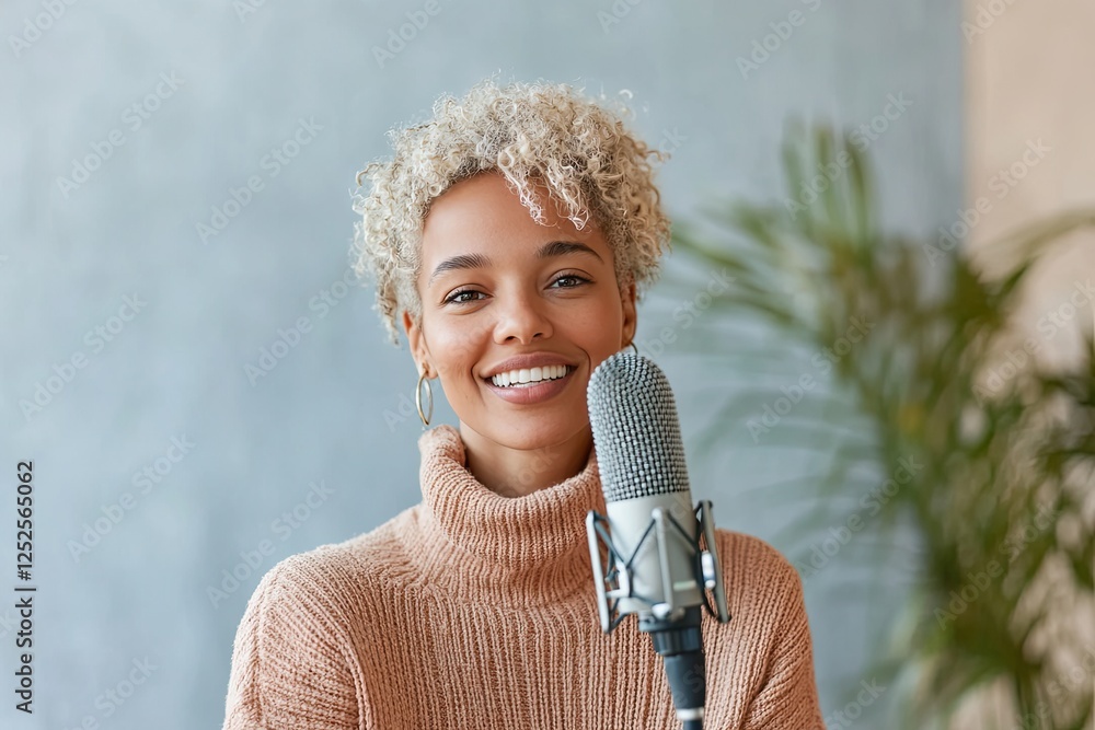 Poster portrait of relaxed podcast guest smiling as they respond into microphone professional studio settin