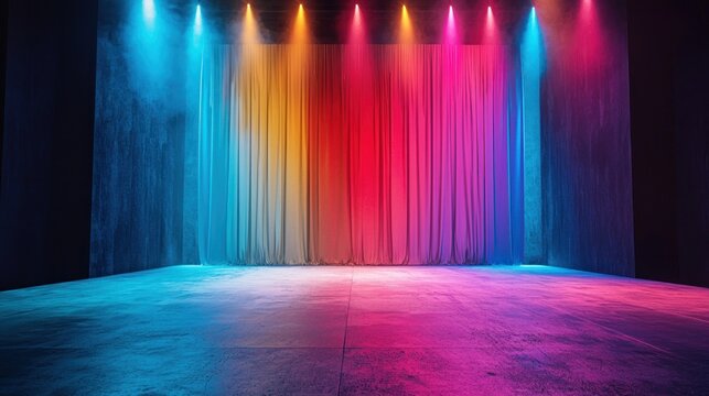 Colorful fashion show backdrop with dramatic lighting and sleek designs.