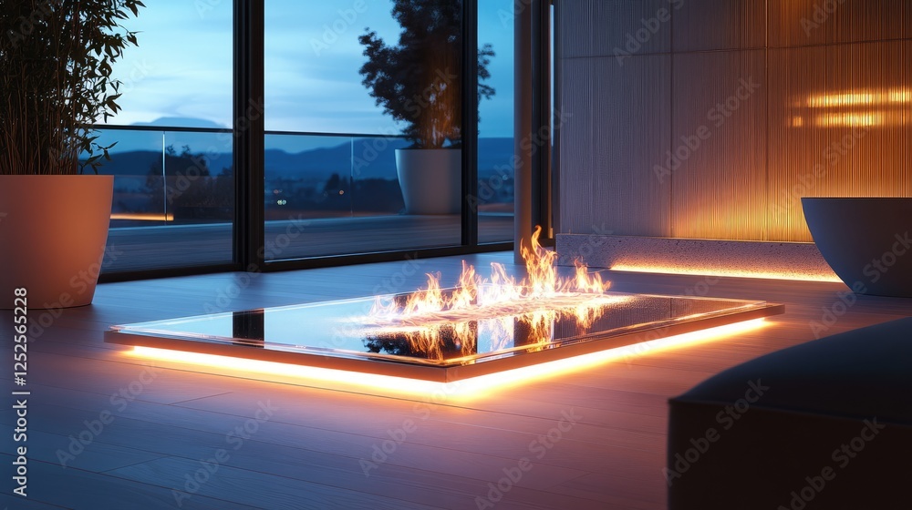 Poster a beautifully illuminated glass platform with flames burning within, creating a mesmerizing, glowing