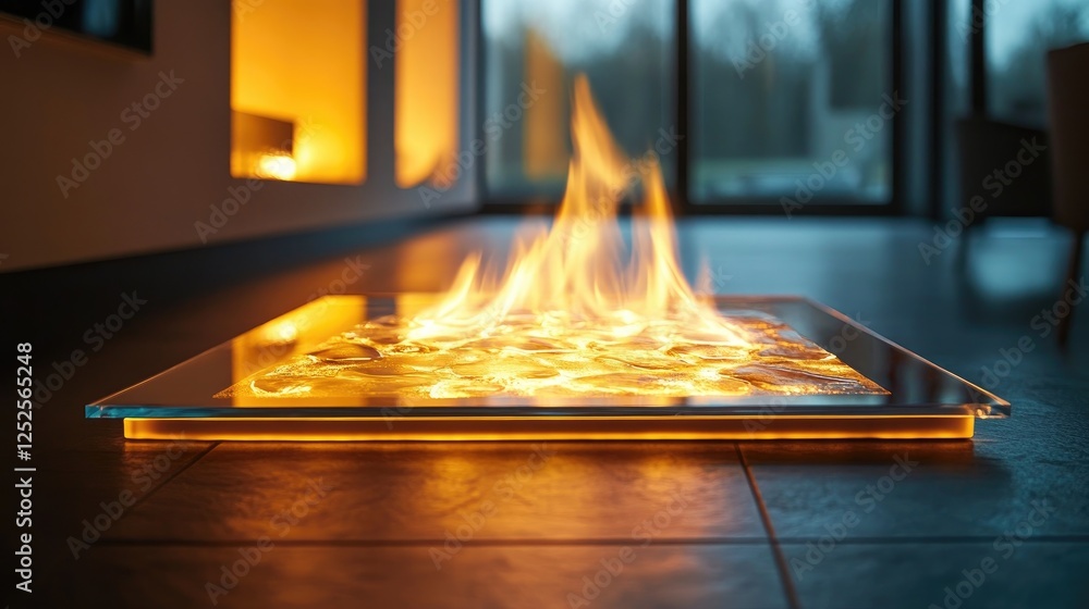 Poster a beautifully illuminated glass platform with flames burning within, creating a mesmerizing, glowing