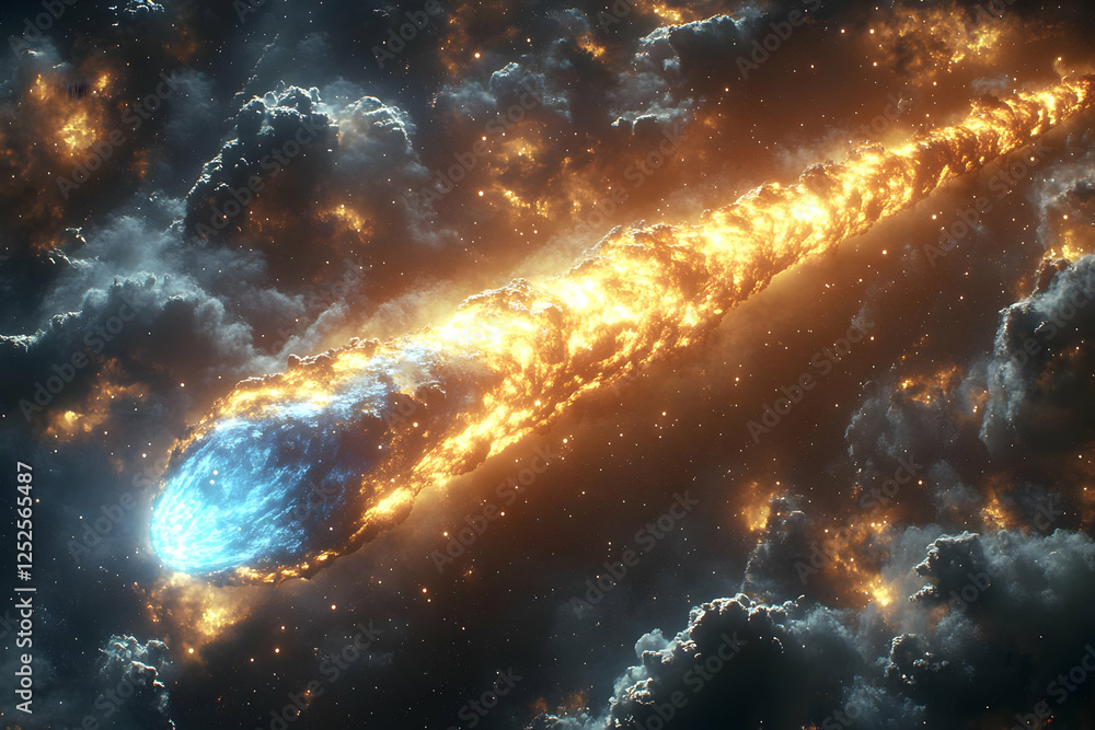 Poster fiery comet through nebula in space