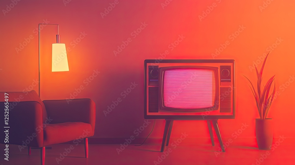 Poster retro television set with static noise on screen placed in dimly lit 80s-style living room