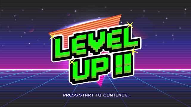 Pixel art game level up press start background.Video game level up background. Retro 8 bit video game interface with You Win text, computer game level up background.	
