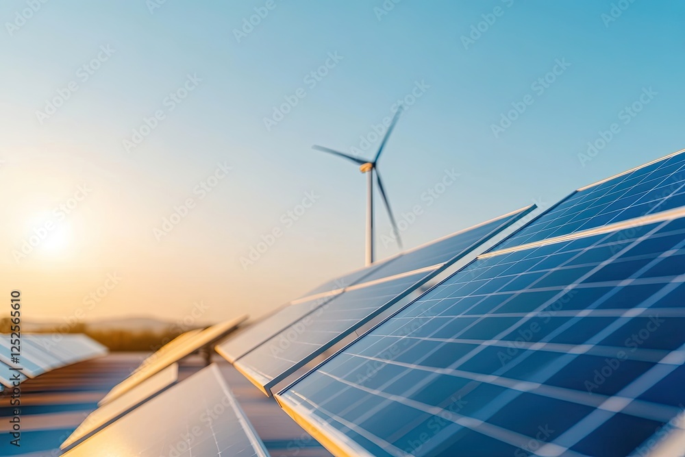 Poster serene home environment showcasing solar panels and wind turbines in for energy with minimalistic de