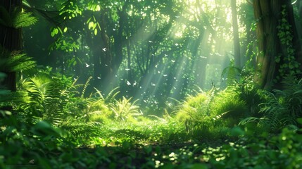 Fototapeta premium Tranquil Forest Scene with Vibrant Green Ferns