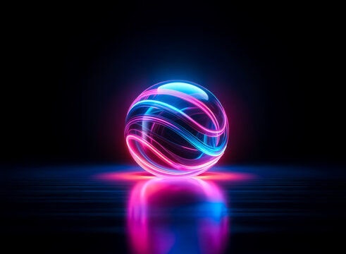 A luminous sphere emits vibrant blue and pink neon light trails, creating a swirling abstract design. It reflects on a dark, glossy surface against a black backdrop.
