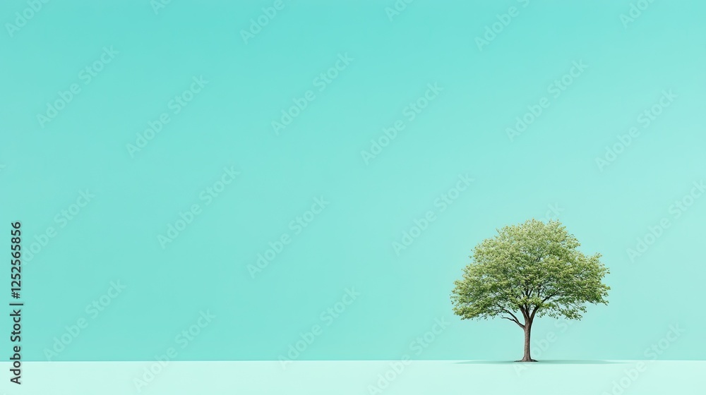Poster serene landscape with single tree on solid color background creating minimalistic atmosphere