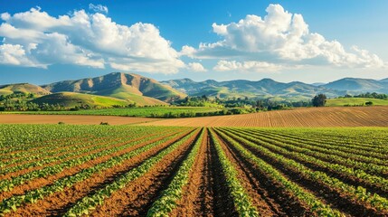 Scenic farm landscape with distant mountains and open fields.