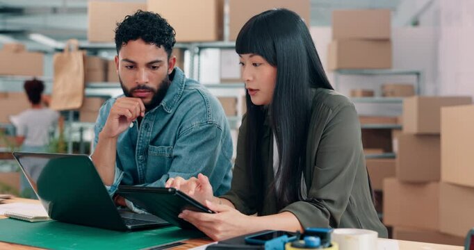 Laptop, tablet and people in discussion with boxes for online order confirmation, refund or shipping. Office, technology and supply chain managers with cardboard packages for logistics information.