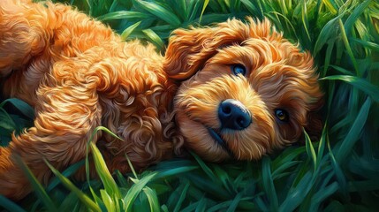 A Fluffy Brown Puppy Resting Joyfully in Lush Green Grass, Painted in Vibrant Hues