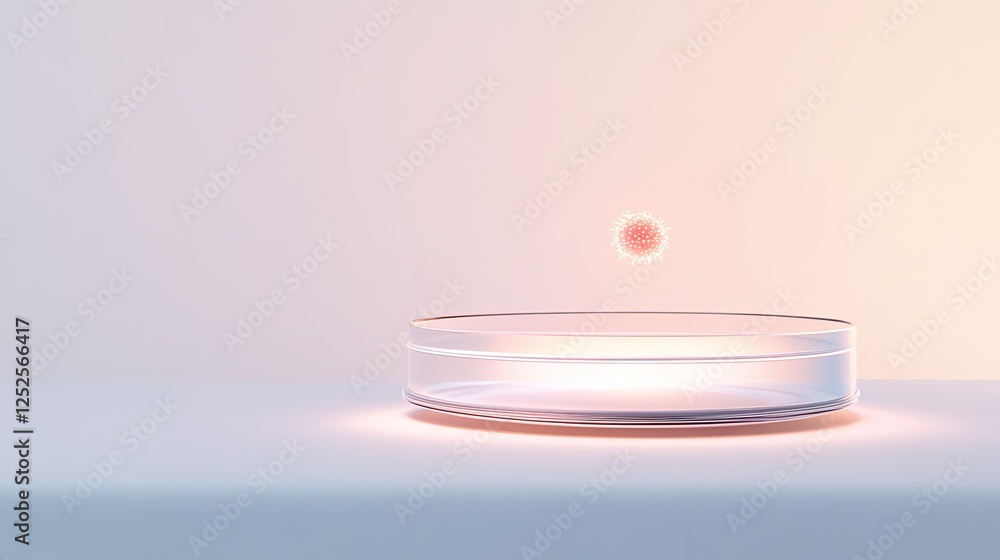 Poster smooth high-tech petri dish with single glowing bacterial colony floating above soft white surface s