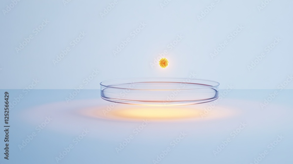 Poster smooth high-tech petri dish with single glowing bacterial colony floating above soft white surface s