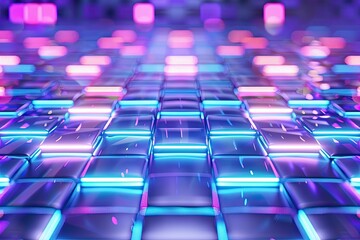 Fototapeta premium Futuristic Geometric Design With Glowing Blue Squares and Dynamic Light Reflections Creating a High-Tech Atmosphere in a Dark Environment