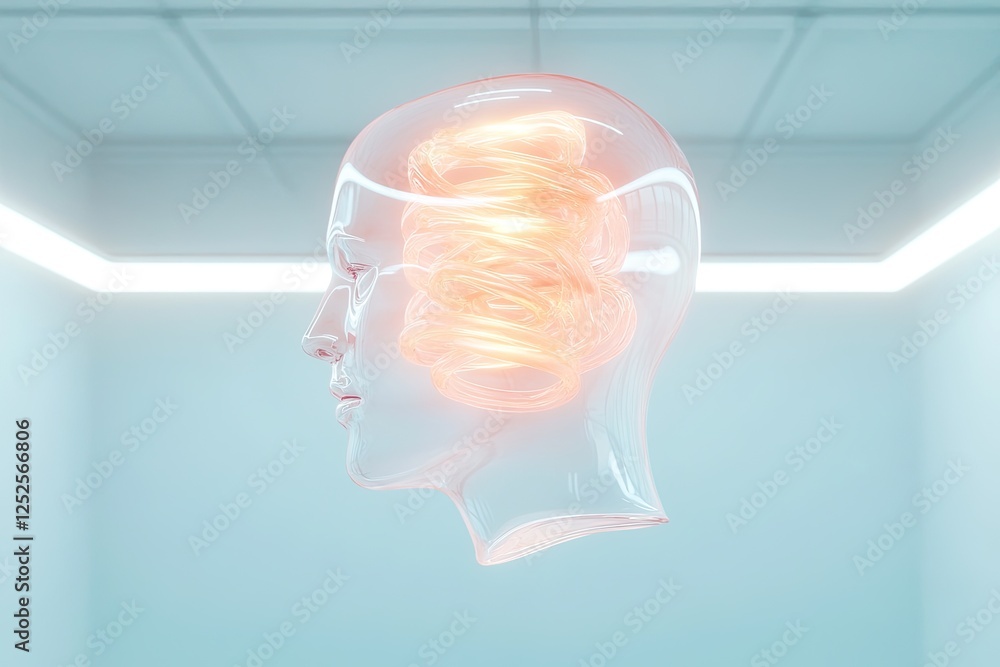 Poster surreal composition featuring floating transparent head with swirling thoughts inside representing d