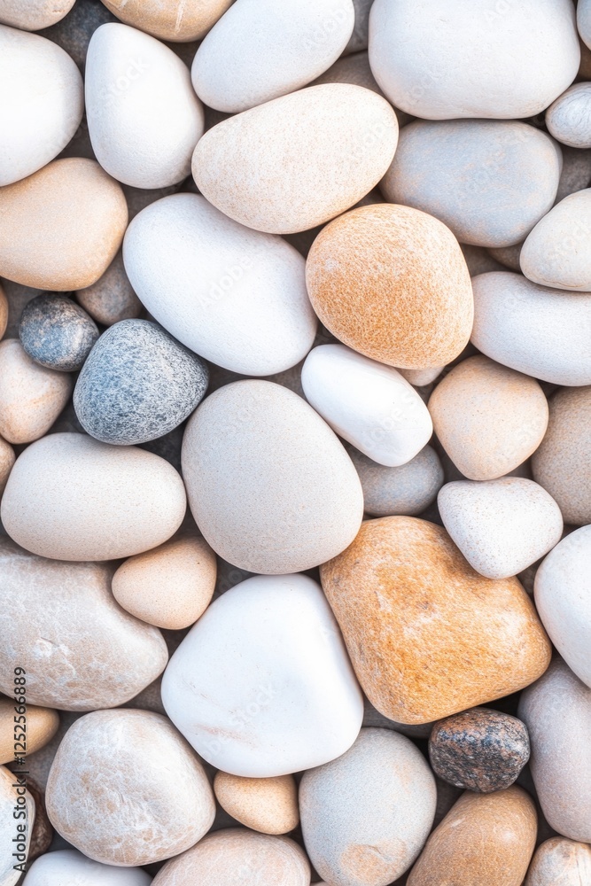 Poster top-down view of smooth river stones arranged in zen-like pattern soft diffused lighting copy space