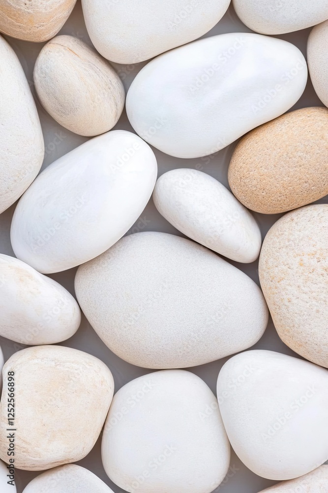 Poster top-down view of smooth river stones arranged in zen-like pattern soft diffused lighting copy space