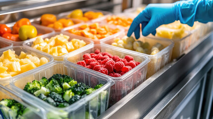 Obraz premium Hand Sorting Fresh Fruits and Vegetables in Storage Containers