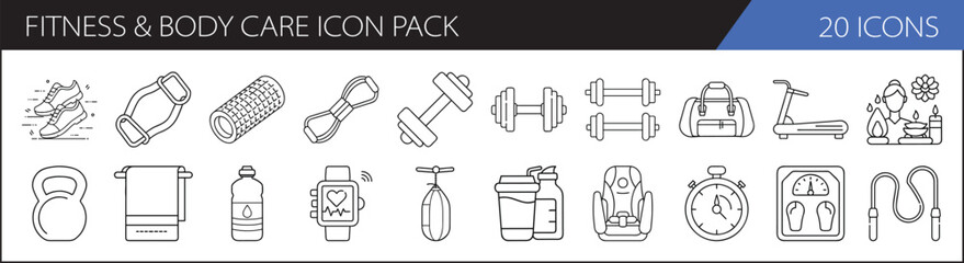 Fitness and Body Care Icon Pack in Line Art - A set of 20 line art icons focusing on fitness and body care, including workout equipment, water bottles, and exercise gear.

