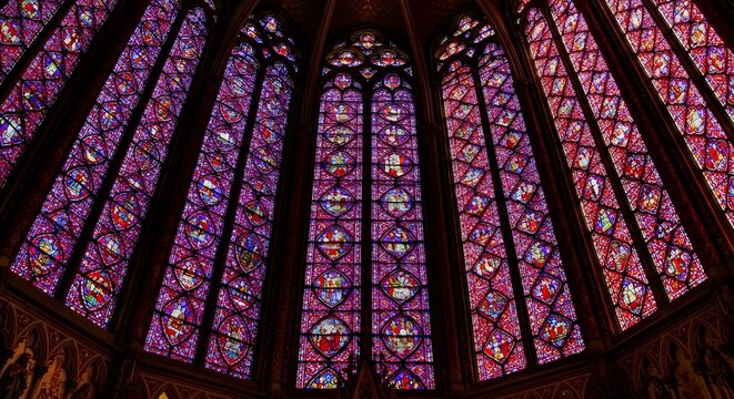 Un majestuoso vitral en una gran catedral, que muestra un intrincado dise&ntilde;o de corazones coloridos que brillan cuando la luz del sol se filtra.
