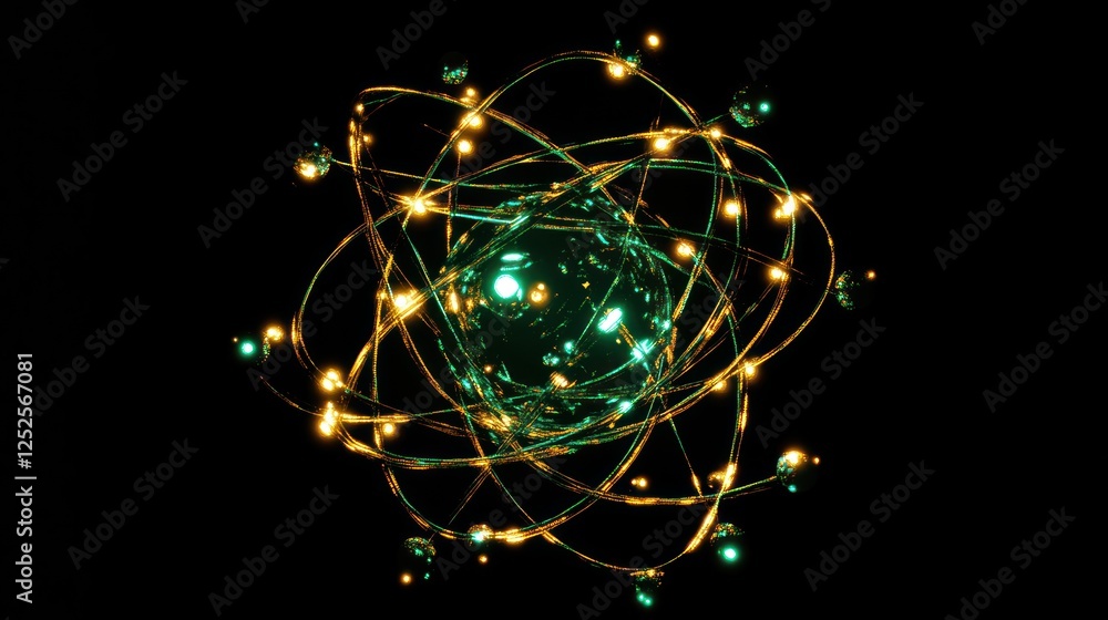 Poster abstract atom model: a mesmerizing 3d rendering of an atom's structure, with glowing orbits and a vi