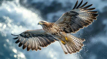 Obraz premium Sea hawk swooping down over the oceanâ€™s surface to catch its prey.