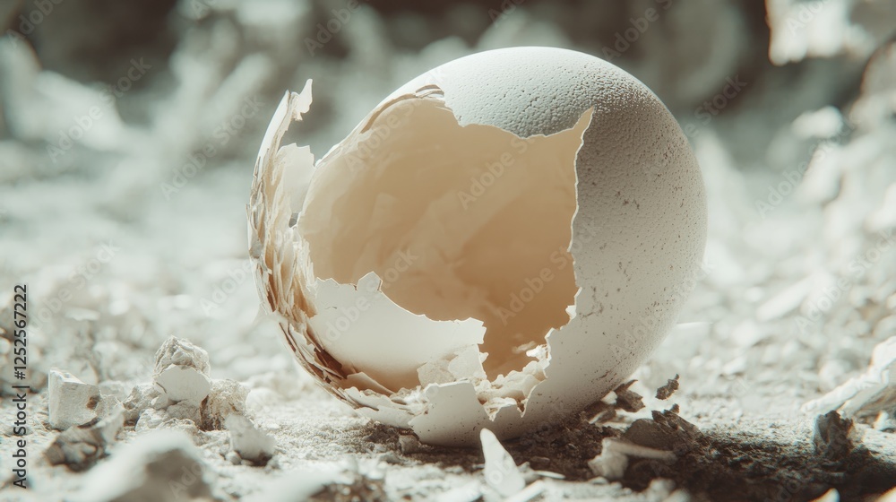 Poster A broken eggshell with soft, creamy white interior visible, surrounded by tiny shards, symbolizing fragility and freshness in a simple and clean composition