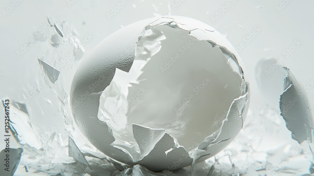 Poster A broken eggshell with soft, creamy white interior visible, surrounded by tiny shards, symbolizing fragility and freshness in a simple and clean composition