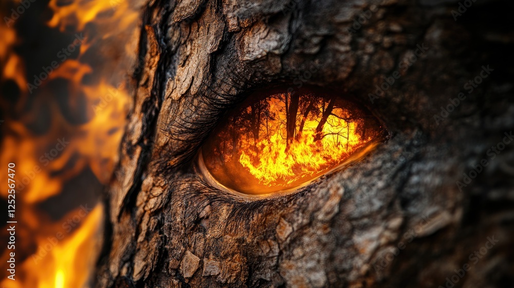 Poster a captivating image of a tree bark with an eye reflection, mirroring the fierce flames of a forest f