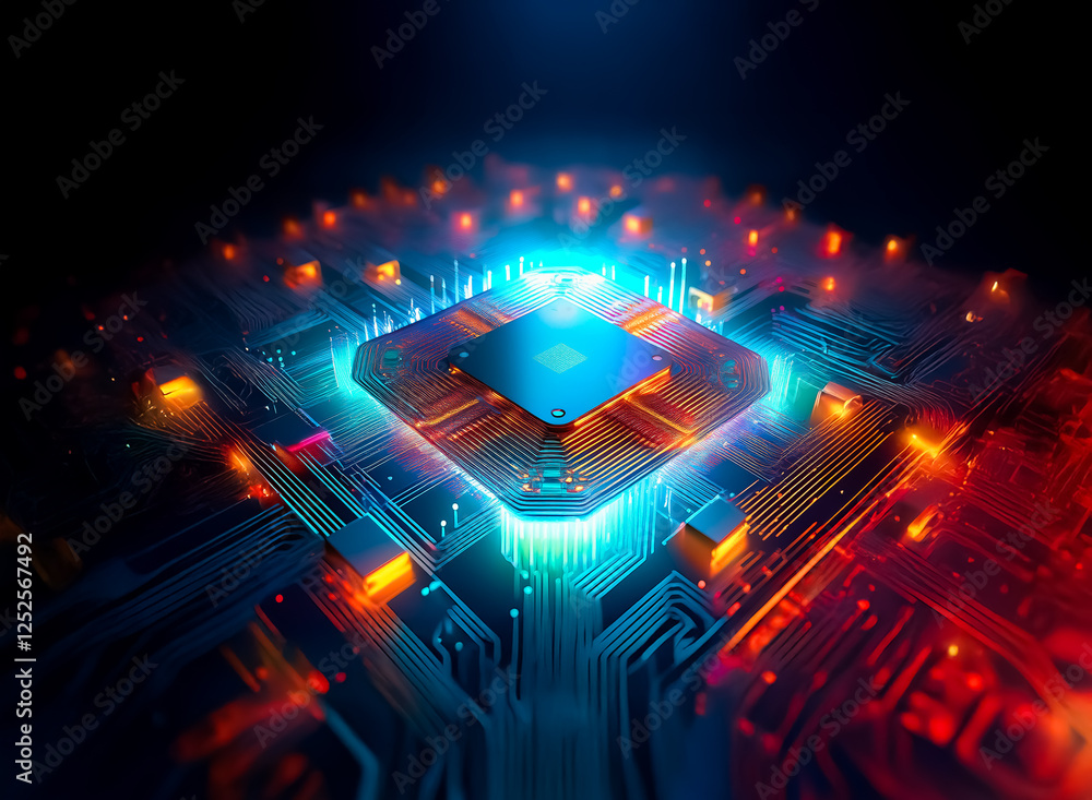 Poster futuristic glowing circuit board with a central processing unit. bright neon lights illuminate the i