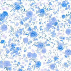 Seamless pattern of delicate watercolor roses in shades of blue and chartreuse