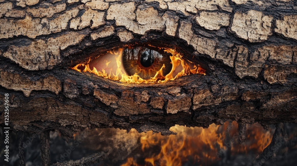 Poster a captivating image of a tree bark with an eye reflection, mirroring the fierce flames of a forest f