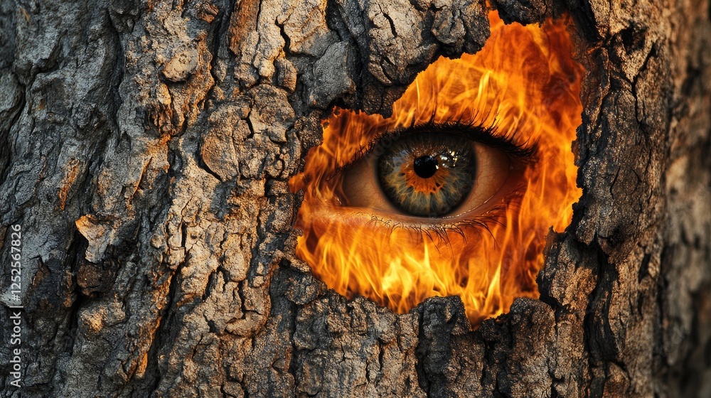 Poster a captivating image of a tree bark with an eye reflection, mirroring the fierce flames of a forest f