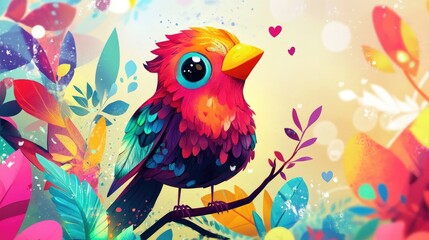 A cartoon bird with vibrant feathers and a playful, cheeky expression, placed in a lively children background with bright colors and fun shapes