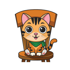 A cute vector style cat with large eyes and a pink nose sits on a wooden chair.