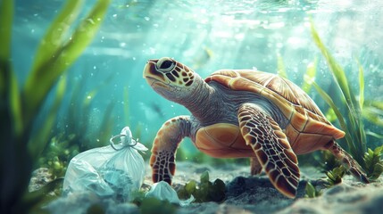 Fototapeta premium Sea Turtle and Plastic Pollution: A Call for Ocean Conservation