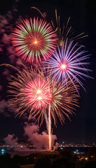 Colorful fireworks bursting in night sky over cityscape