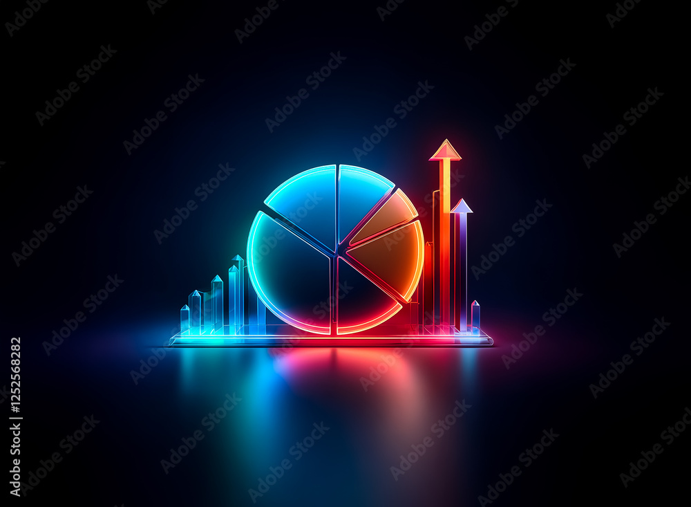 Poster Luminous pie chart and bar graphs with upward arrows on dark surface, symbolizing data growth and analysis.