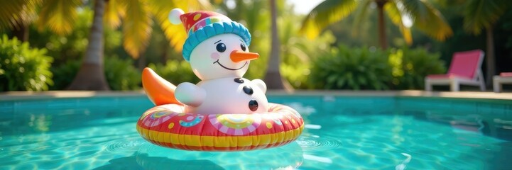 Fototapeta premium Colorful snowman on pool float amidst tropical palm trees, pool, playful
