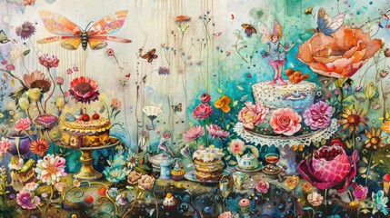 Fototapeta premium Whimsical Garden Tea Party Illustration