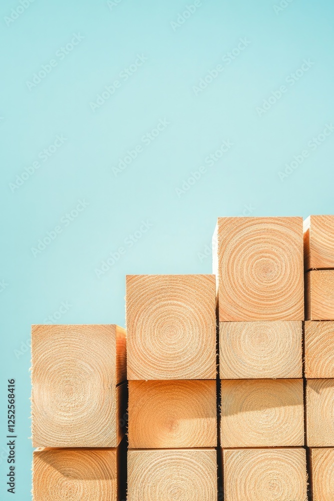 Poster clean image of stack of timber planks arranged neatly against solid color background showcasing texture and grain of