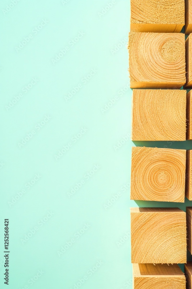 Poster clean image of stack of timber planks arranged neatly against solid color background showcasing text