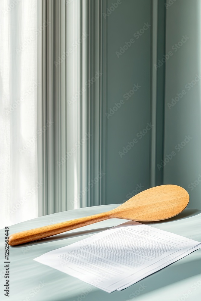 Poster close-up of bidder paddle resting on table next to financial document with copy space