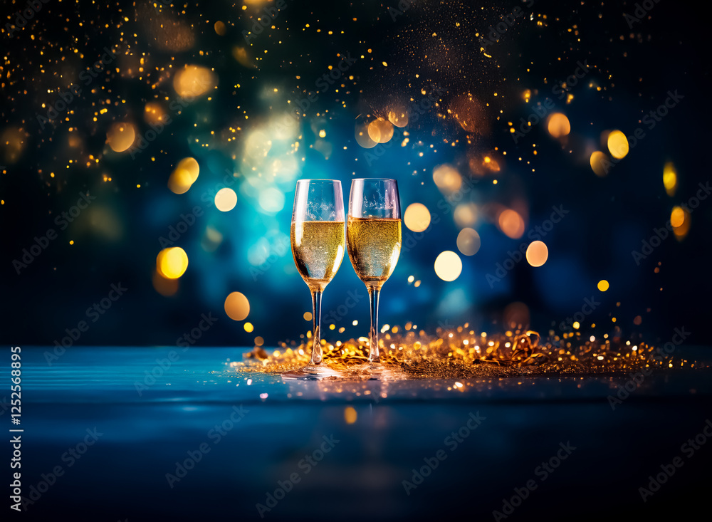 Poster two champagne flutes filled with bubbly drink stand against a dark backdrop with golden sparkles and