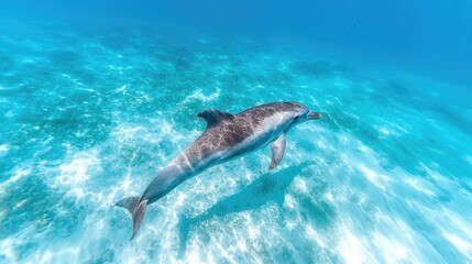 Obraz premium Dolphin swimming underwater in turquoise water (1)