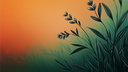 A serene landscape featuring delicate green leaves silhouetted against a vibrant orange and green gradient background.