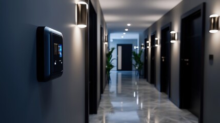 A hallway with a wall mounted device that reads "smart" on it