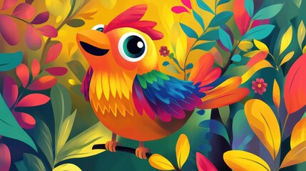 Fototapeta premium A cheerful, colorful cartoon bird with a cheeky expression, set against a whimsical and playful background full of bright, bold colors