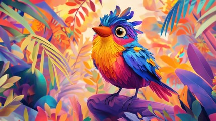 Fototapeta premium A cheerful, colorful cartoon bird with a cheeky expression, set against a whimsical and playful background full of bright, bold colors