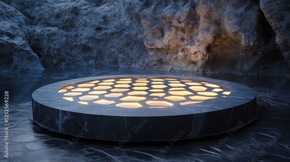 Poster a circular stone platform with an intricate illuminated hexagonal pattern, glowing softly to reveal 