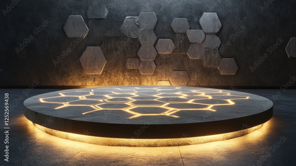 Poster a circular stone platform with an intricate illuminated hexagonal pattern, glowing softly to reveal 